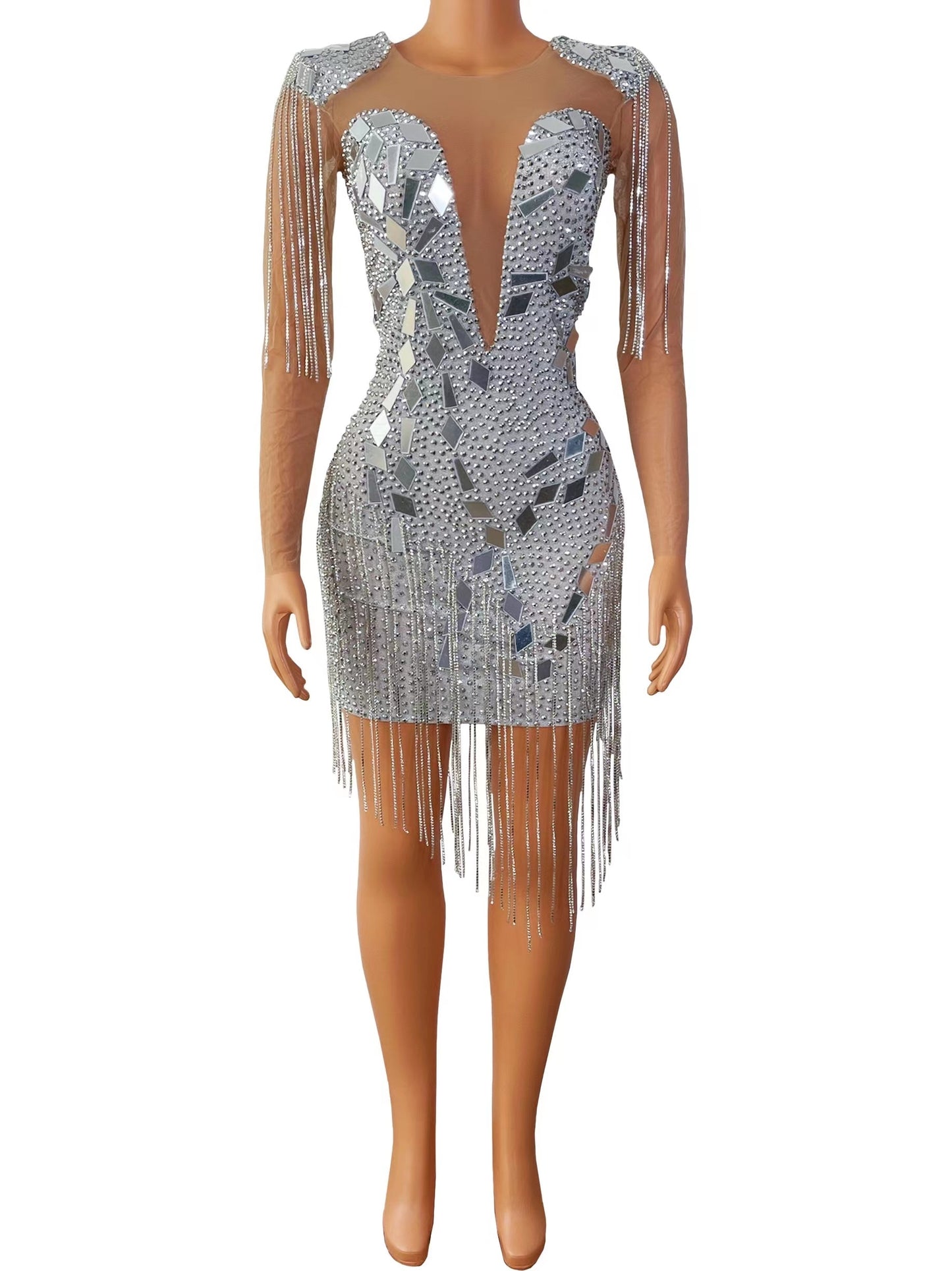 Silver Mirror Crystal Chain Mesh Dresses