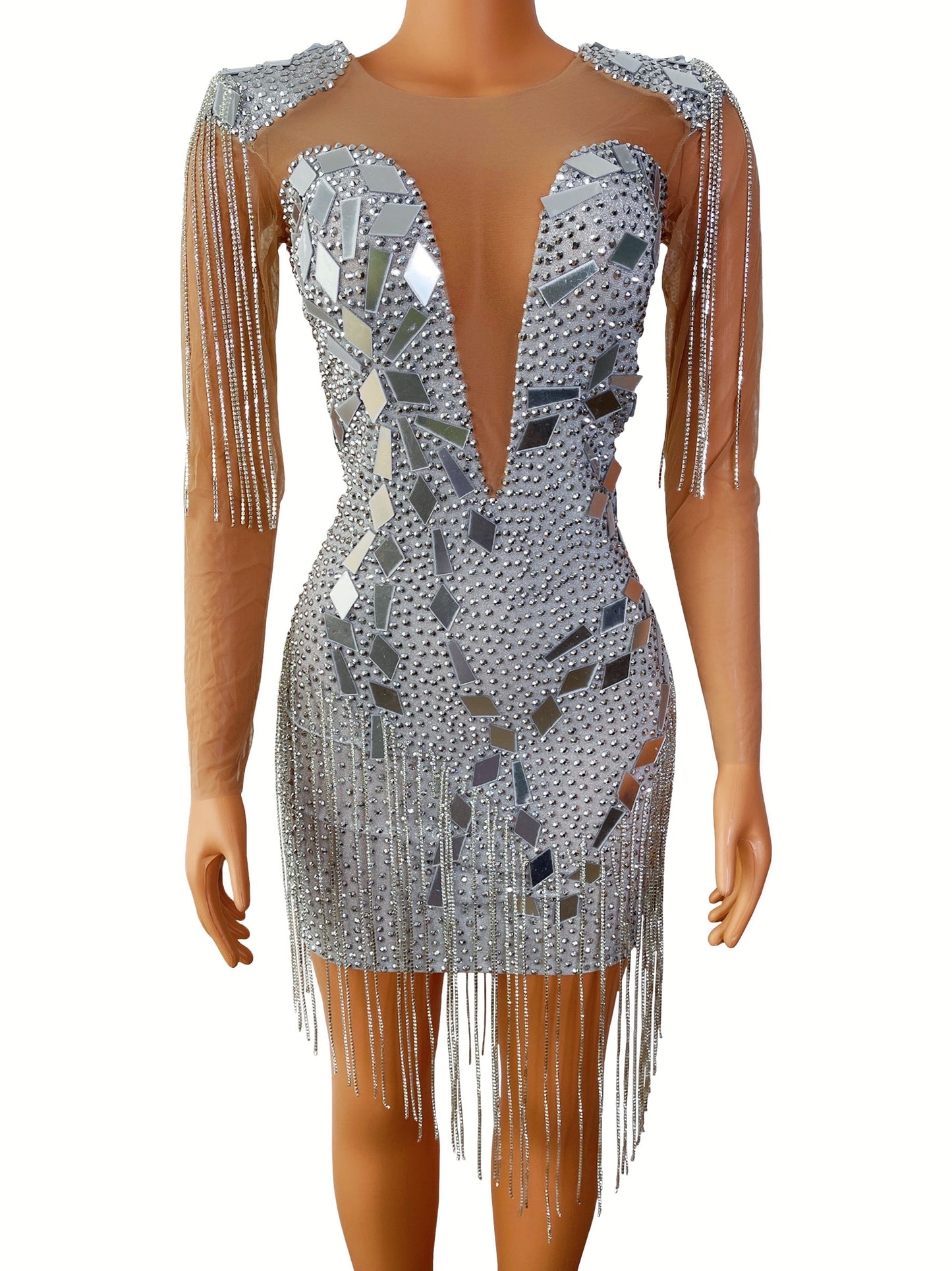 Silver Mirror Crystal Chain Mesh Dresses