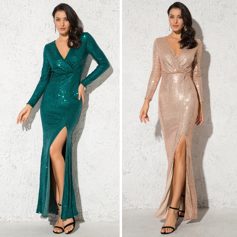 Sequin Stretchy Long Sleeve Maxi Dresses