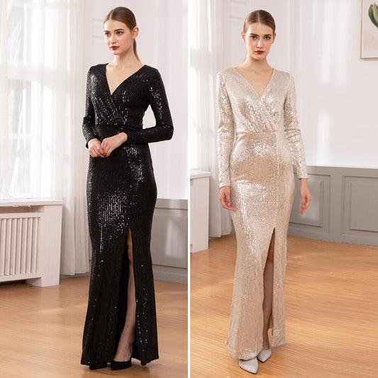 Sequin Stretchy Long Sleeve Maxi Dresses