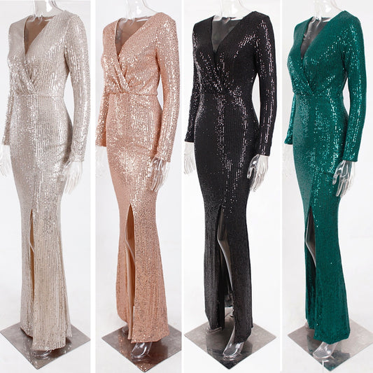 Sequin Stretchy Long Sleeve Maxi Dresses