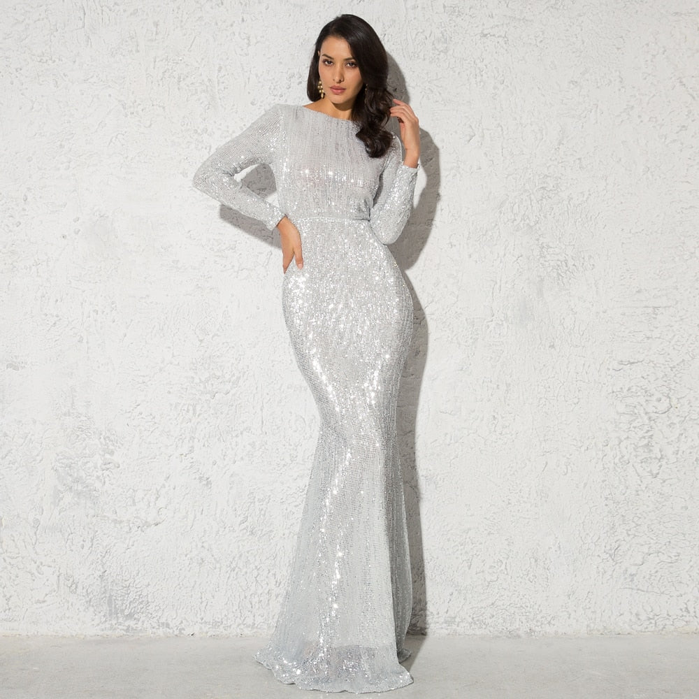 Sequined Long Sleeve Maxi Dresses