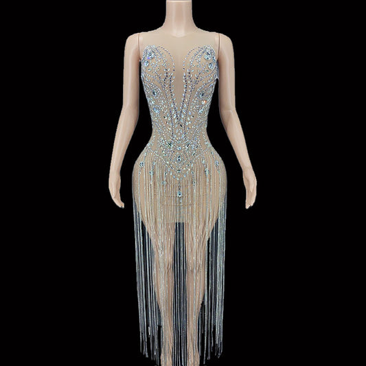 Rhinestones Crystals Mesh Long Tassel Dress