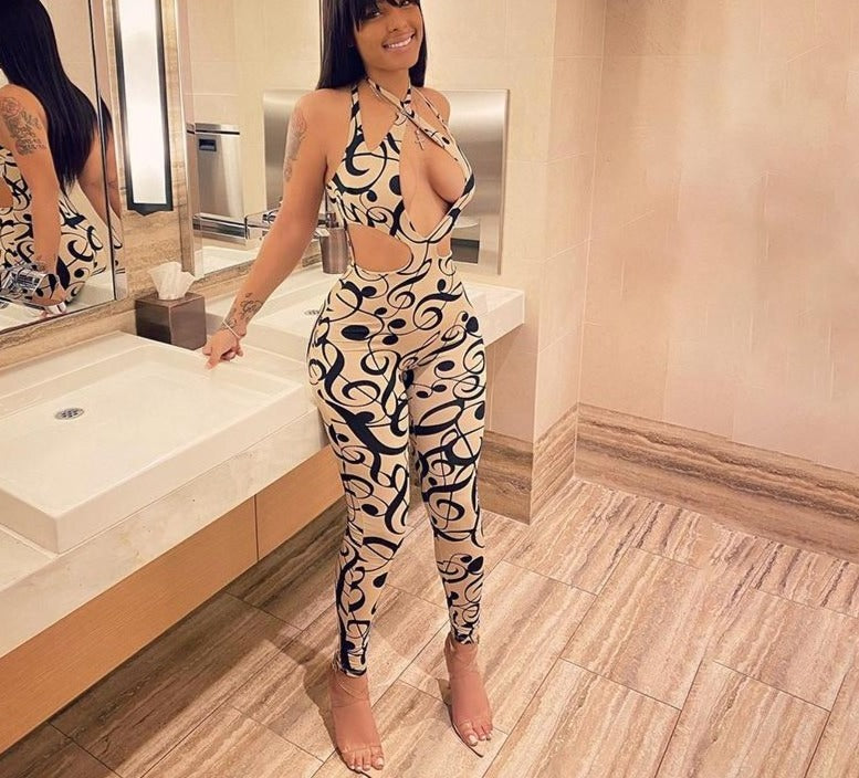 Music Note Print Halter Cut Out Jumpsuits