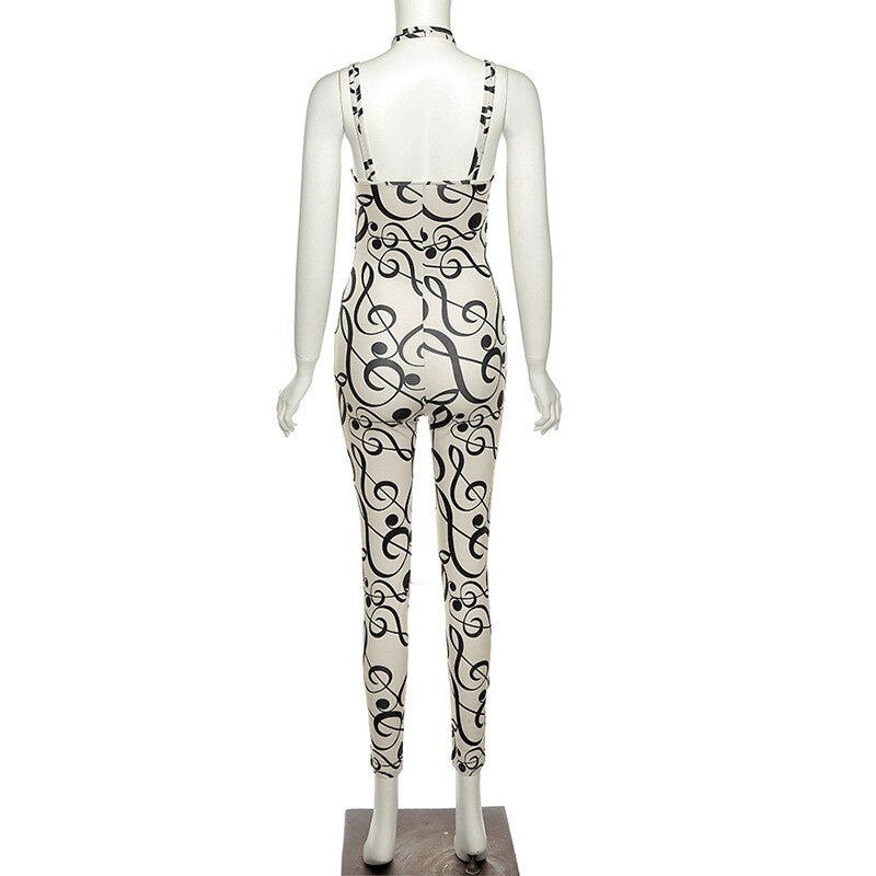 Music Note Print Halter Cut Out Jumpsuits