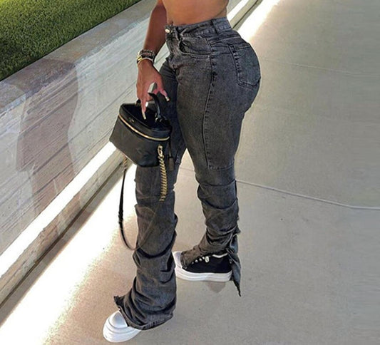 High Waist Ruched Long Cut Leg Jeans