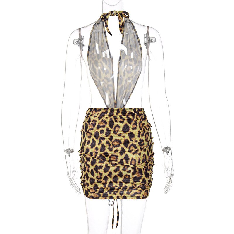 Leopard Halter Deep V Hollow Mini Dress