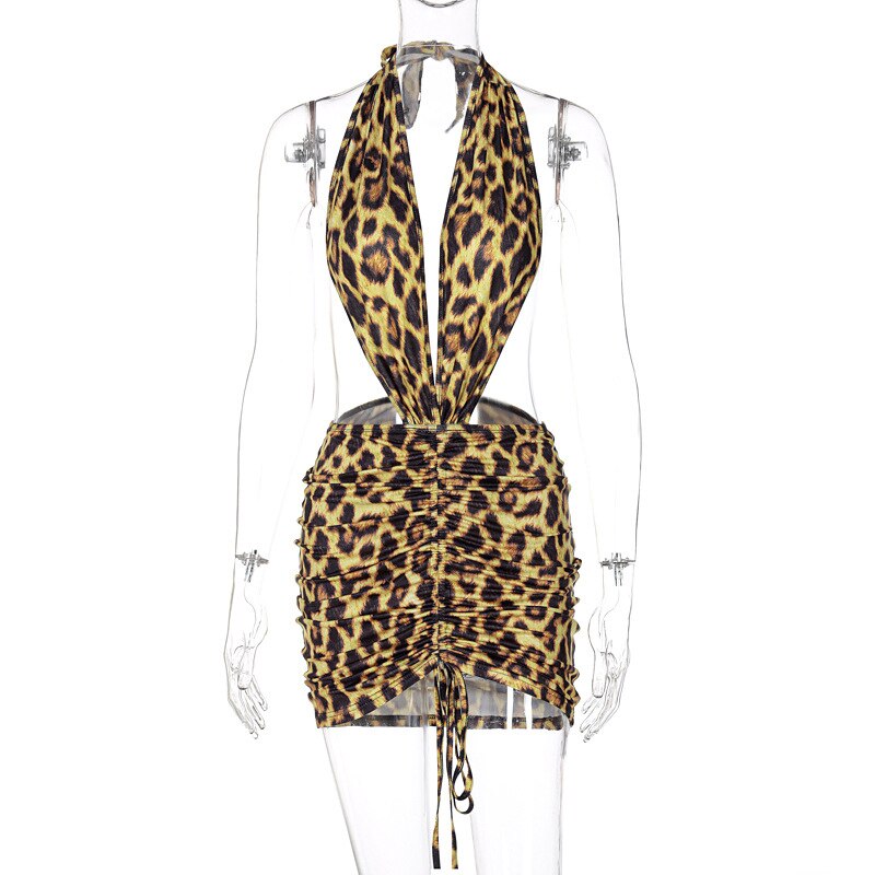 Leopard Halter Deep V Hollow Mini Dress