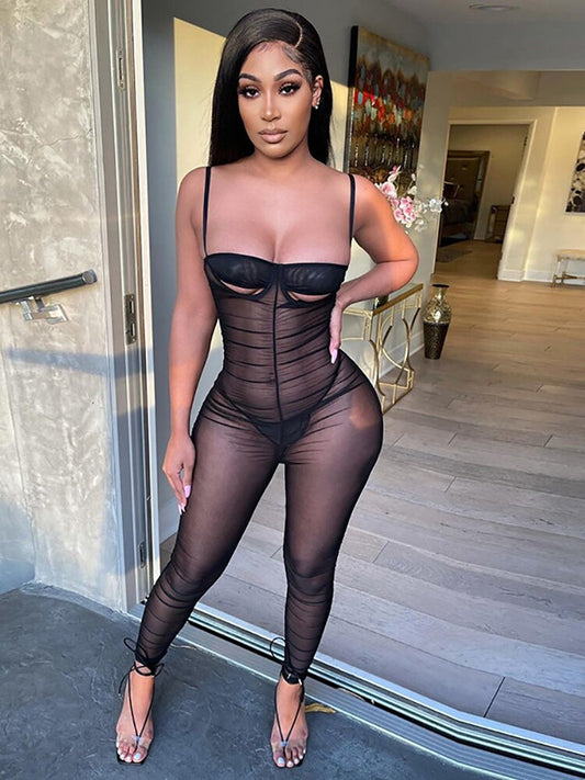 Mesh Ruched Under-Breast Slits Strap Jumpsuits