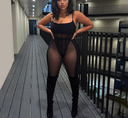 Mesh Strap Bodysuit And Pants Sets