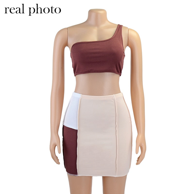 One Shoulder Ribbed Patchwork Tank Top And Skirts Sets