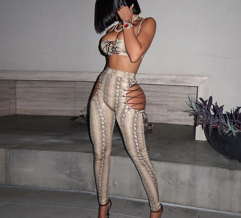 Snake Print Crop And Hollow Hip Lace Up Pants Sets