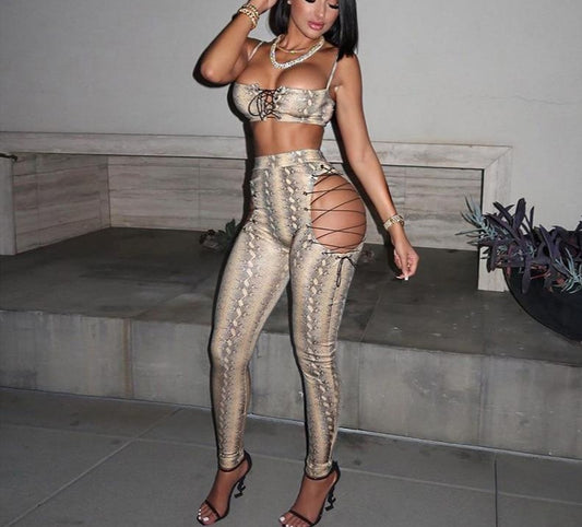 Snake Print Crop And Hollow Hip Lace Up Pants Sets