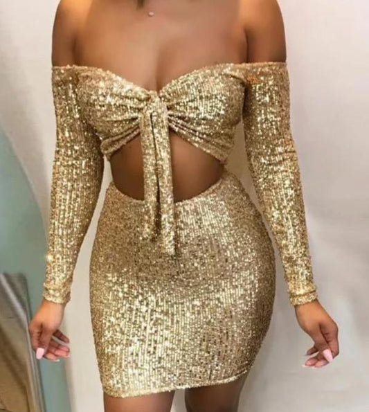 Gold Sequin Bow Off Shoulder Long Sleeve Crop and Mini Skirt