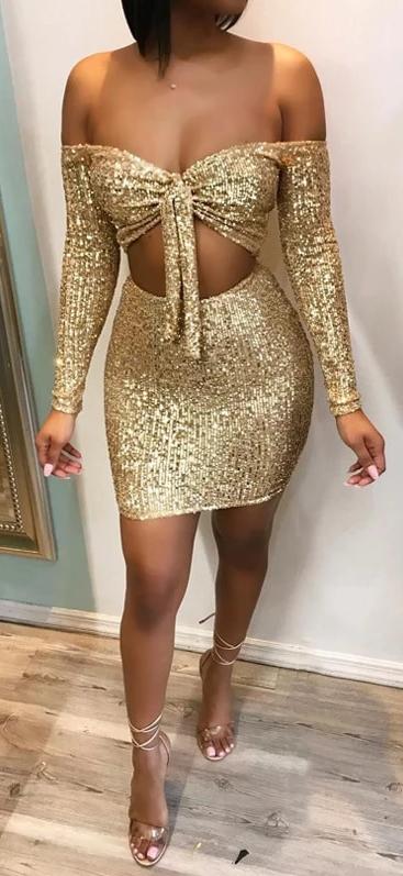 Gold Sequin Bow Off Shoulder Long Sleeve Crop and Mini Skirt