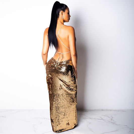 Gold Spaghetti Strap V Backless Sequin Maxi Bodycon Dress