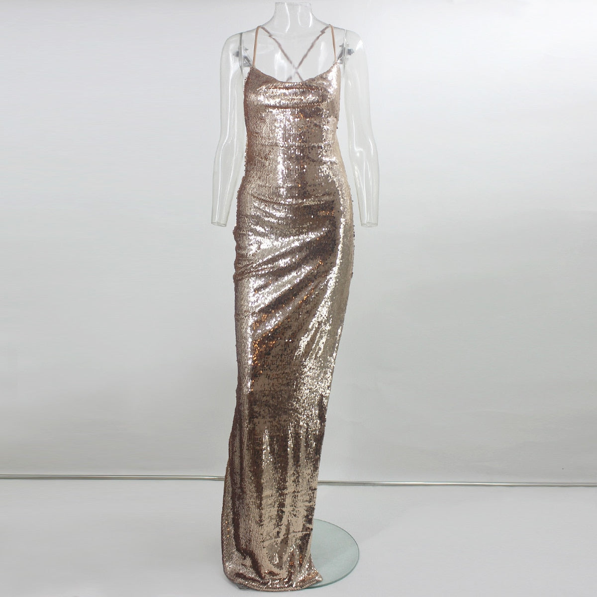 Gold Spaghetti Strap V Backless Sequin Maxi Bodycon Dress