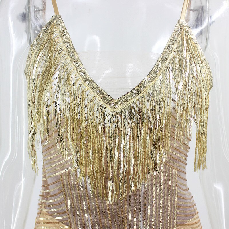 Halter Sequin Hollow Out Mesh Backless Tassel Mini Dresses (Gold/Silver)