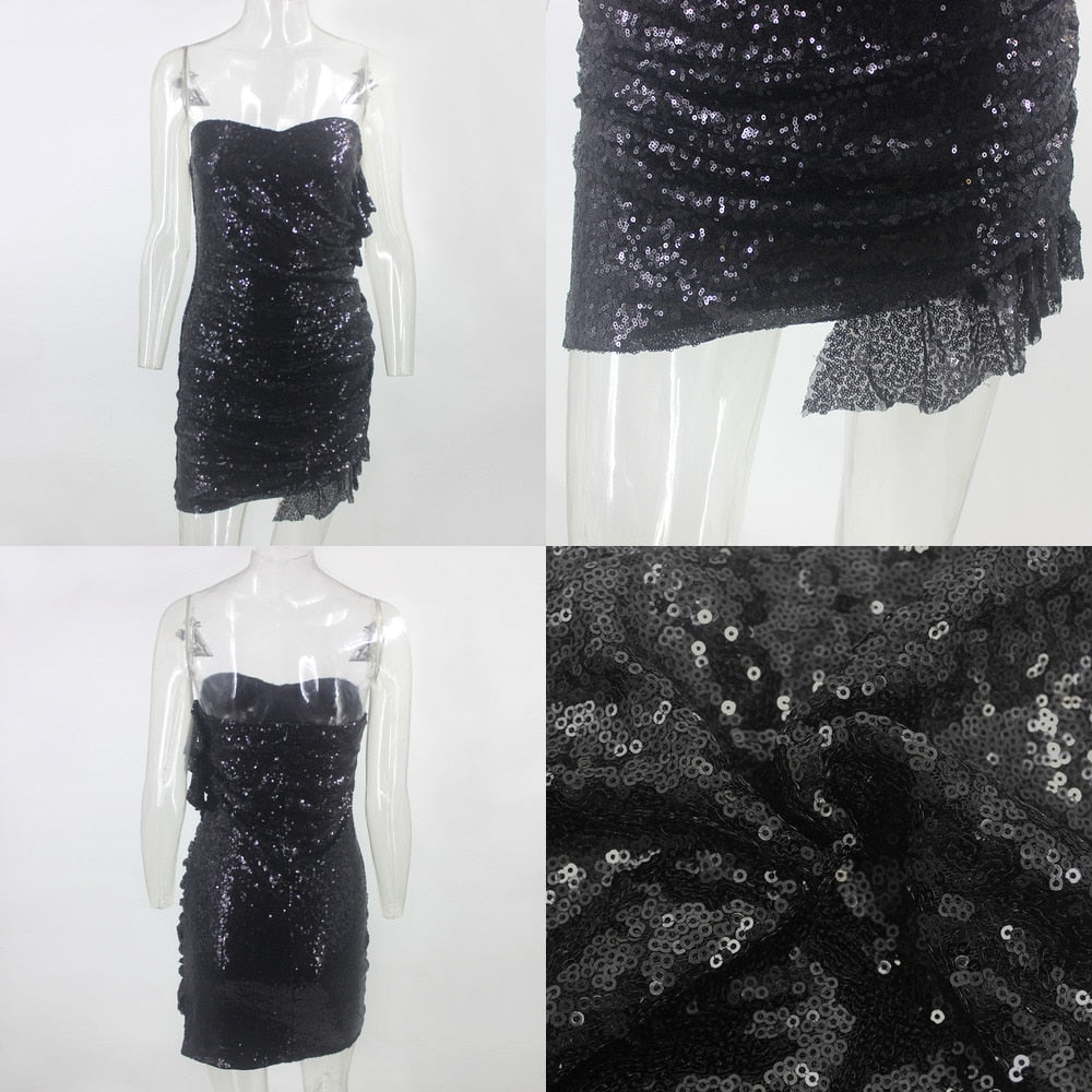 Black Sequin Off Shoulder Bodycon Split Mini Dress