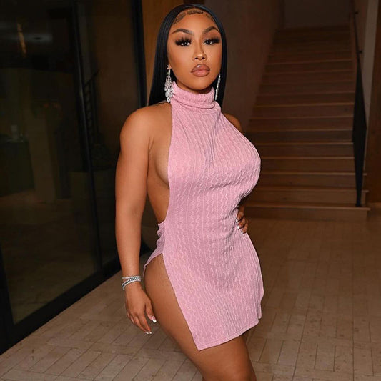 Turtleneck Halter Sleeveless Slit Mini Dresses