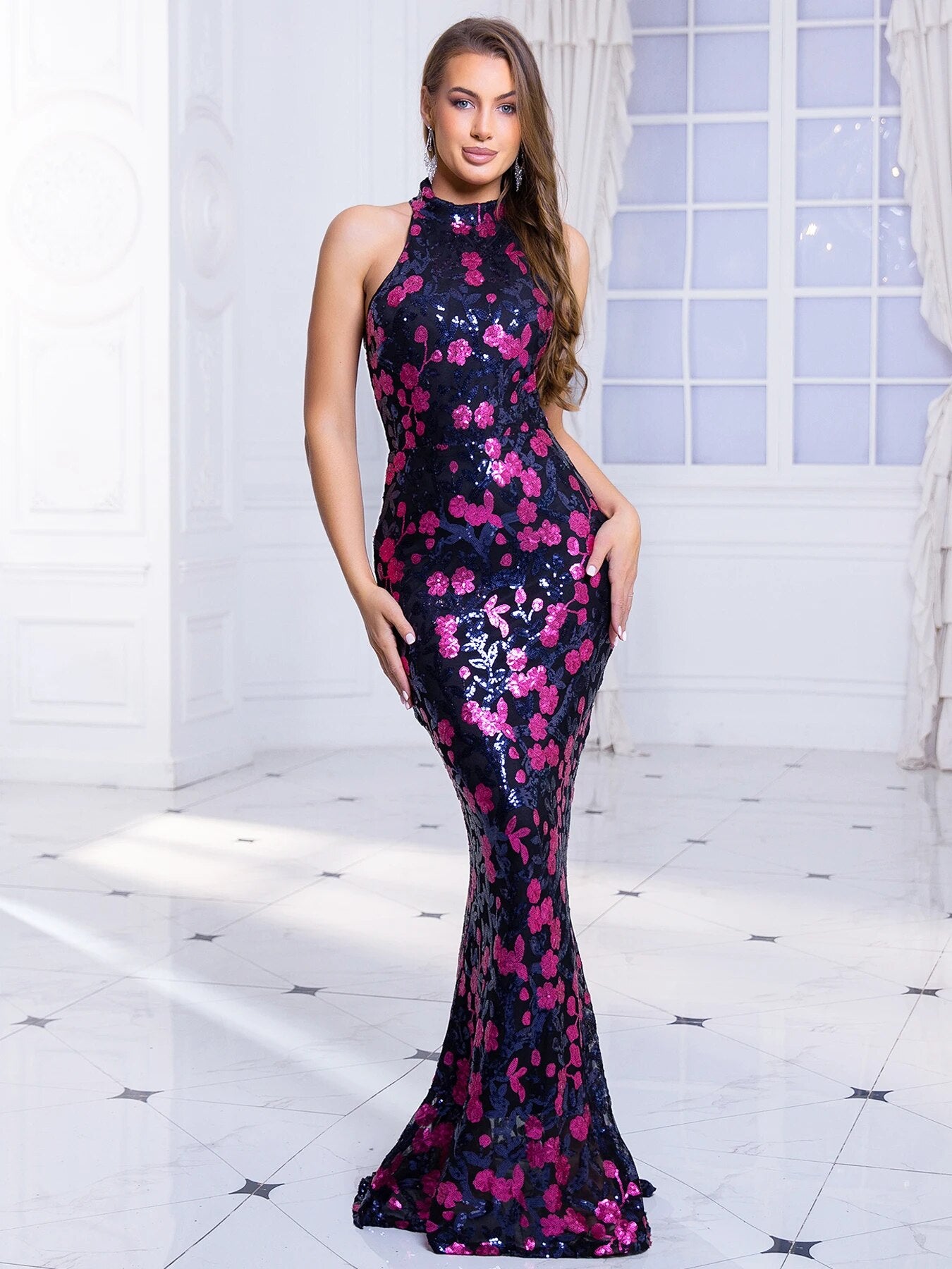 Sequin Floral High Neck Sleeveless Maxi Dresses