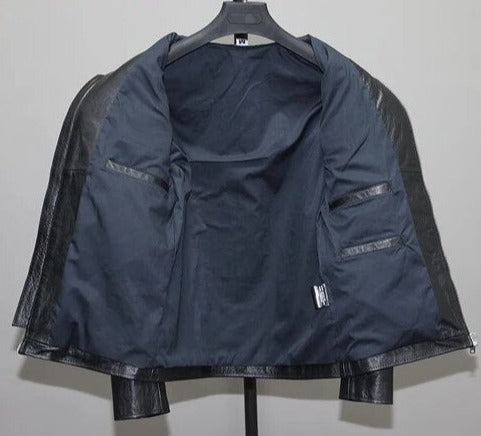 Genuine Leather Jacket Slim Fit Stand Collar Multi Pocket