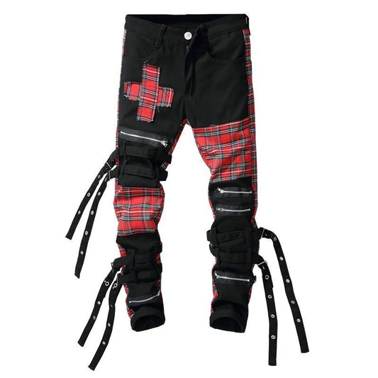 Plaid Patchwork Skinny Strap Pants