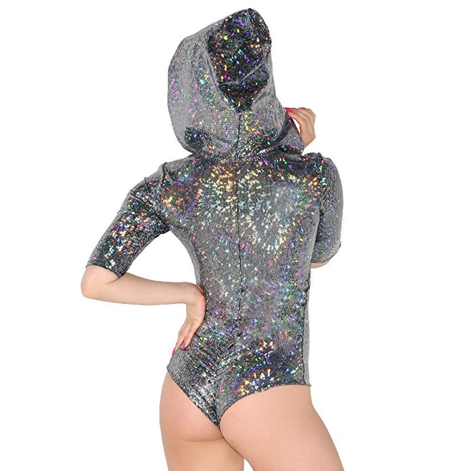 Shiny Deep V One Piece Hooded Swimsuits