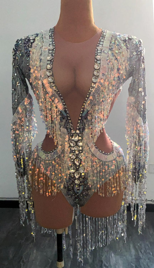 Silver Rhinestone Sequin Tassel Bodysuit