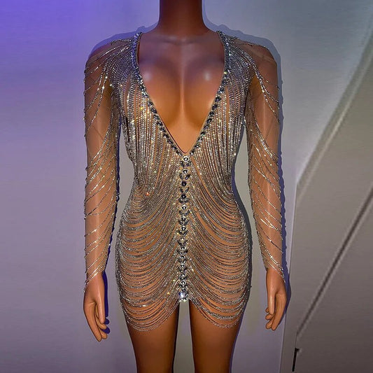 Rhinestone Chains Transparent Mini Dresses