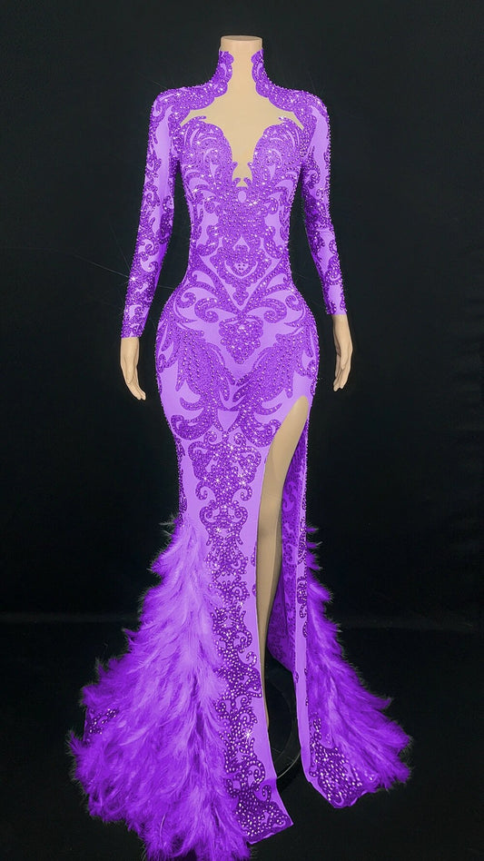 Rhinestones Feather High Slit Floor-Length Dresses