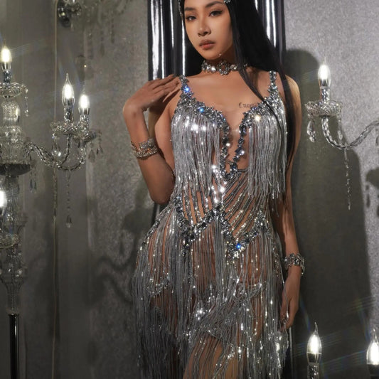 Sleeveless Mesh Sequins Tassel Mini Dress