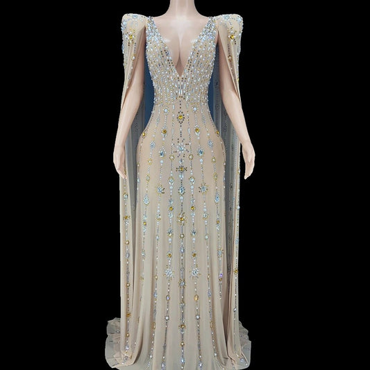 Rhinestones Mesh Cloak Floor-Length Dresses