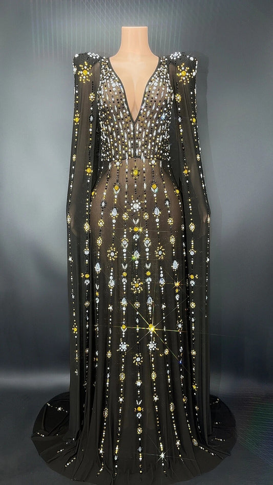 Rhinestones Mesh Cloak Floor-Length Dresses