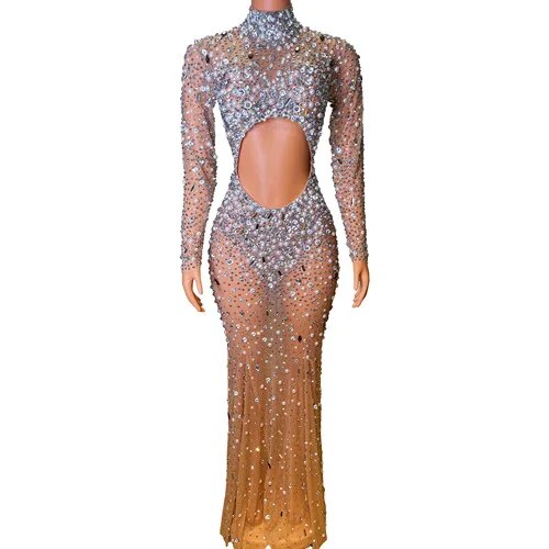 Rhinestones Pearls Hollow Long Dresses