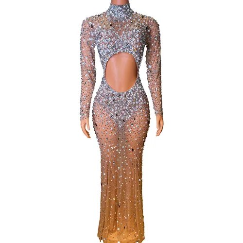 Rhinestones Pearls Hollow Long Dresses