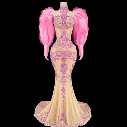 Rhinestones Puff Sleeve Mesh Floor-Length Dresses