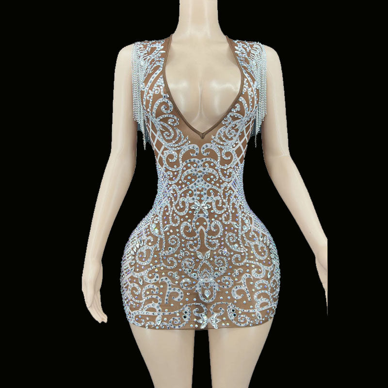 Rhinestone Wide-V Transparent Mini Dress