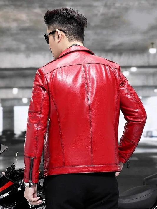 Red Genuine Leather Jacket Slim Fit Moto Biker