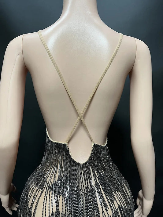 Rhinestone Tassel Fringe Backless Mini Dresses