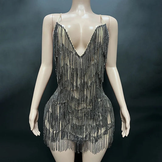 Rhinestone Tassel Fringe Backless Mini Dresses