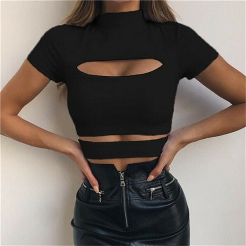 Turtle Neck Hollow Out  Short Sleeve Crop Tops