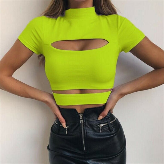 Turtle Neck Hollow Out  Short Sleeve Crop Tops