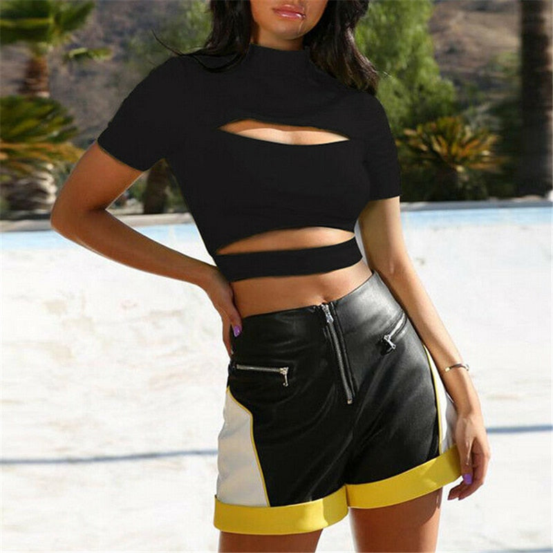 Turtle Neck Hollow Out  Short Sleeve Crop Tops