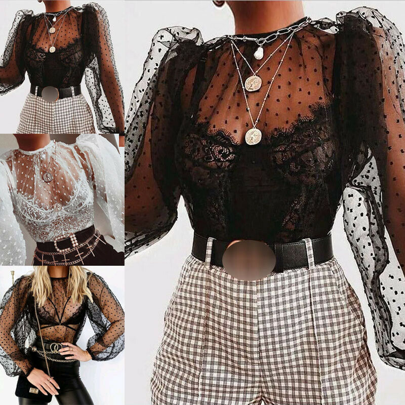 Mesh Polka Dot Puff Sleeve Shirts