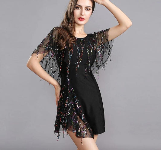 Vintage Sequin Tassel Wing Short Sleeve Black Mini Dress