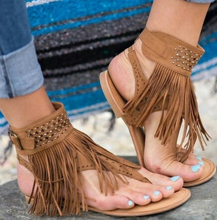 Native Ankle Strap Tassel Flat Sandals