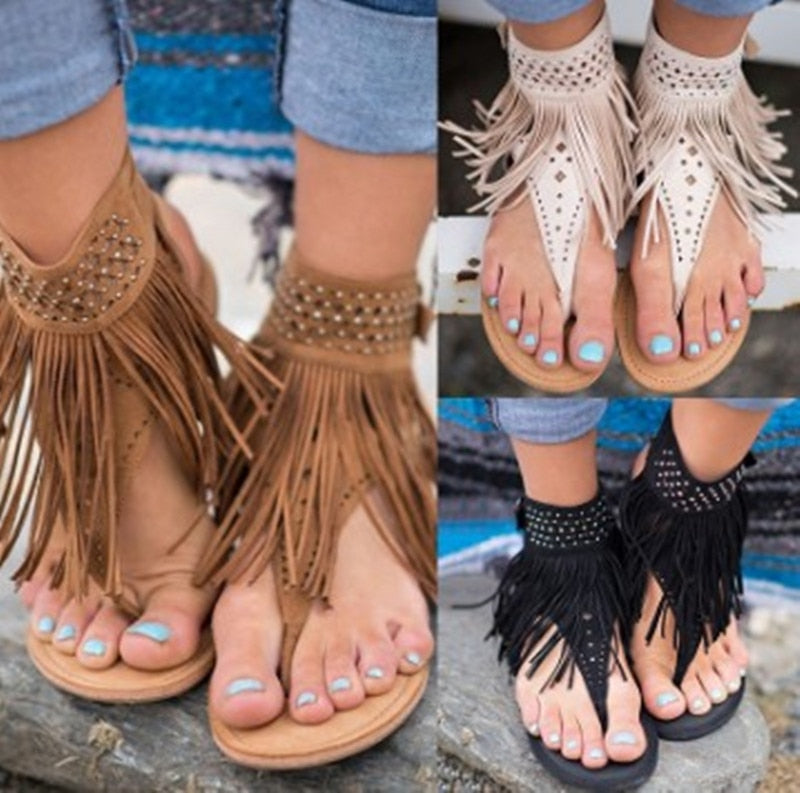 Native Ankle Strap Tassel Flat Sandals