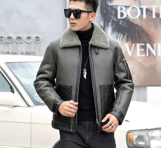 Genuine Leather Coats Shearling Fur Grey/Black