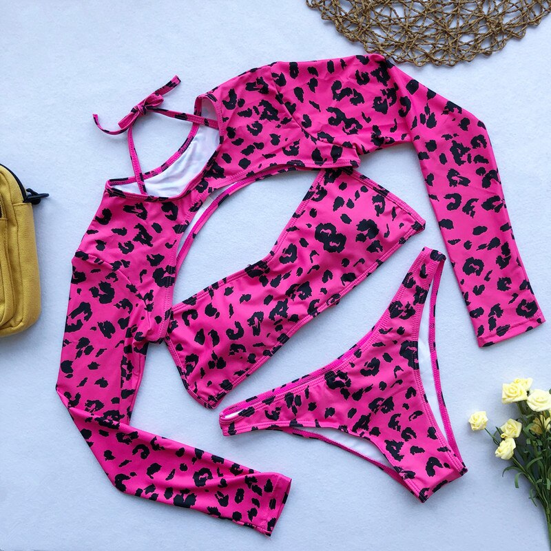 Neon Leopard Micro Crop Long Sleeve 3 Pcs Bikini Sets